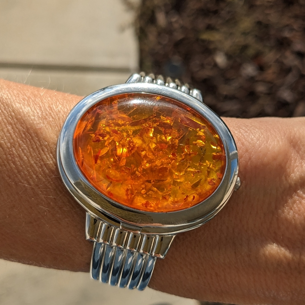 VTG BURGI BOHO JAPAN MOVEMENT HONEY AMBER WATCH CUFF BRACELET/WATCH - Picture 8 of 9